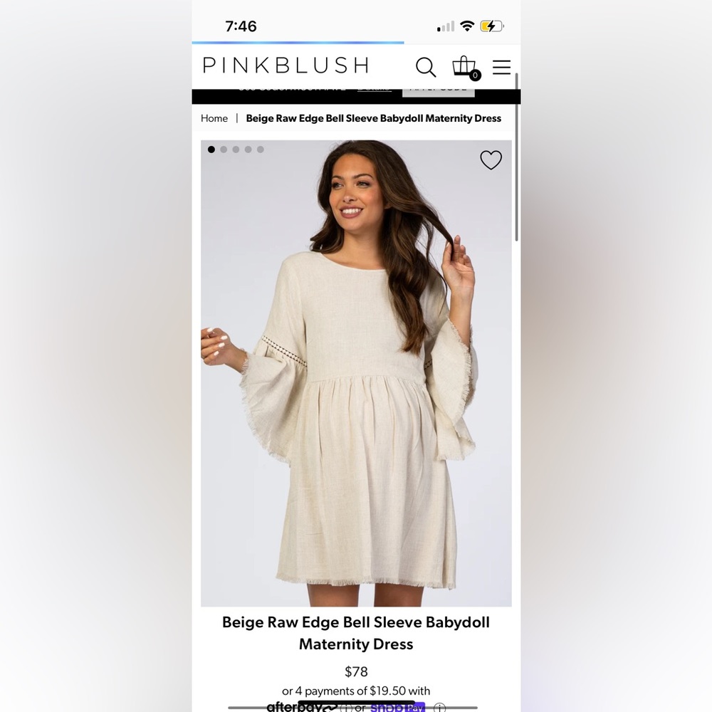 Pinkblush Beige Raw Edge Bell Sleeve Babydoll Maternity Dress